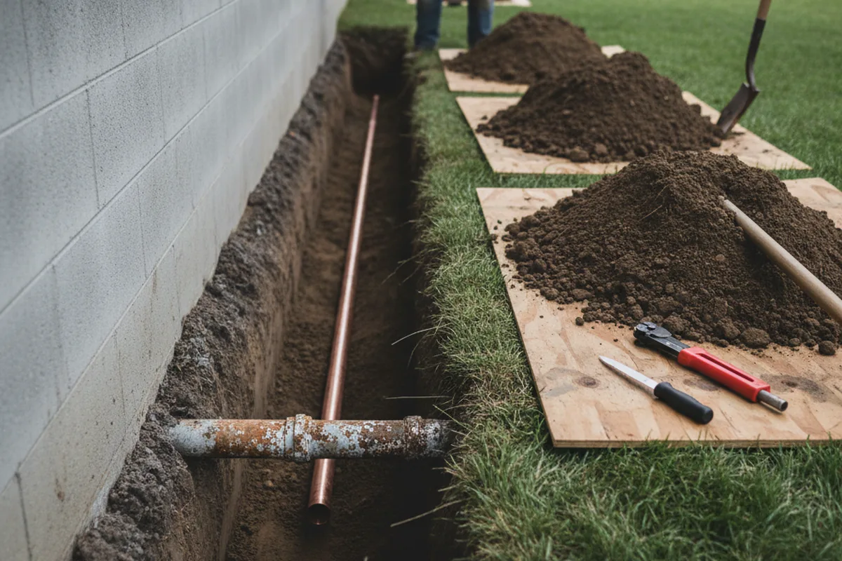 Excavated water line trench during Water Heater Repair in Huntly